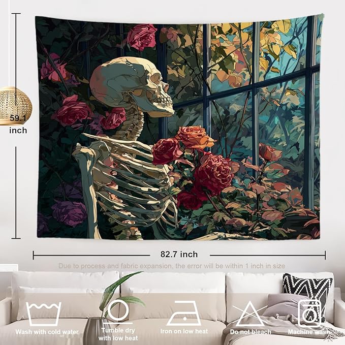 Batmerry Skeleton Roses Greenhouse Tapestry, Skeleton Roses Glass Flowers Wall Art Hanging Decoration Polyester Fiber White Ruffled Around for Dorm Room Bedroom Living Room, 59.1x82.7 inches