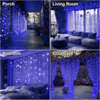 HXWEIYE 300LED Fairy Curtain Lights, 9.8x9.8Ft USB Plug-in 8 Modes Christmas String Hanging Lights with Remote for Bedroom Backdrop Wedding Party Indoor Wall Decor, Blue, Standard