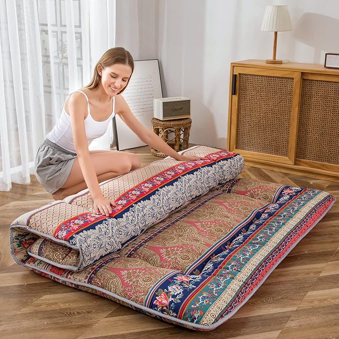 MAXYOYO Bohemian Retro Floor Mattress Vintage Floral Japanese Futon Mattress Roll Up Thicken Sleeping Bed Portable Camping Mattress Floor Lounger Couch Bed Mattress Pad, Twin Size