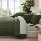 Monbix Queen Comforter Set - 7 Pieces Olive Green Bed in a Bag Queen Track Stitching Bedding Sets, All Seasons Down Alternative Comforter Bed Set with Sheets,Pillowcases & Shams