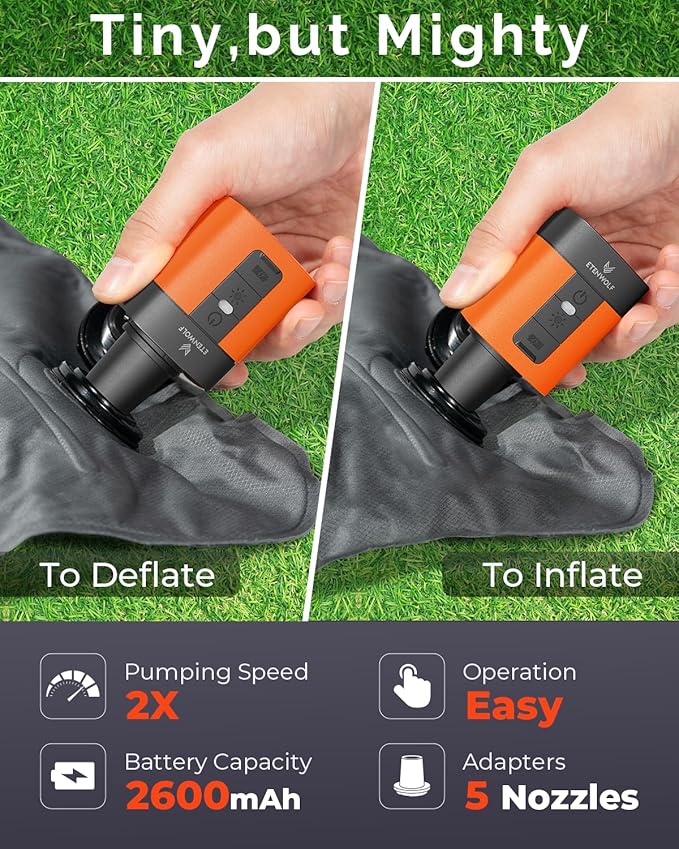 ETENWOLF AIR 3 Air Pump for Inflatables with 2600 mAh Battery & Camping Light, Ultra-Fast and Mini Electric Air Pump, Inflate Deflate for Air Mattress, Pool Floats, Vacuum Storage Bags