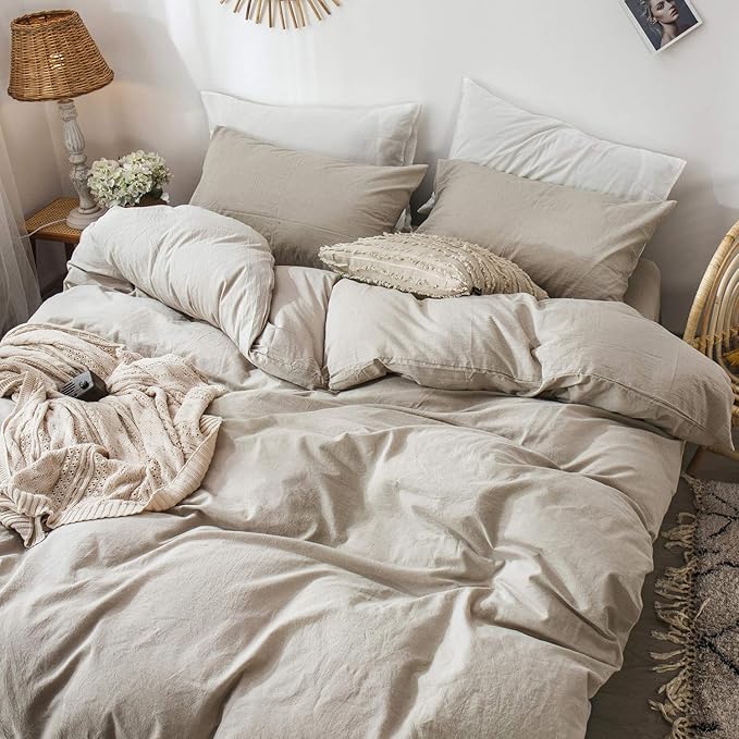 MooMee Bedding Duvet Cover Set 100% Washed Cotton Linen Like Textured Breathable Durable Soft Comfy (Heathered Tannish Linen Grey, Super Queen 90"x98")