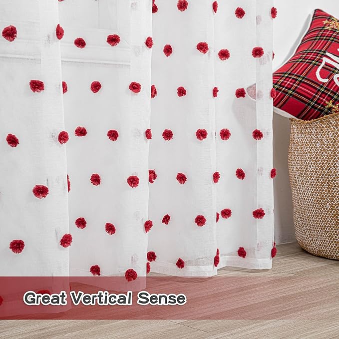 MYSKY HOME Short Curtains for Bedroom 54 Inches Long Merry Christmas Red Pom Pom White Sheer Curtains Kitchen Bathroom Nursery Boys Kids Room Rod Pocket 2 Pieces Small Window 52" x 54"