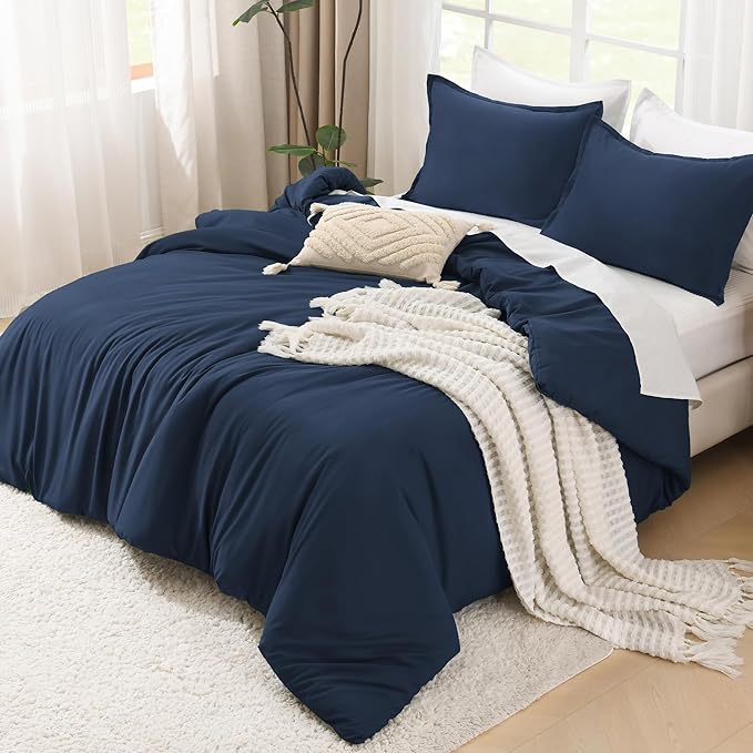 Litanika Navy Blue Comforters Oversized King Size, 3 Pieces Lightweight Solid Bedding Comforter Set, All Season Fluffy Bed Set (120x98In Comforter & 2 Pillowcases)