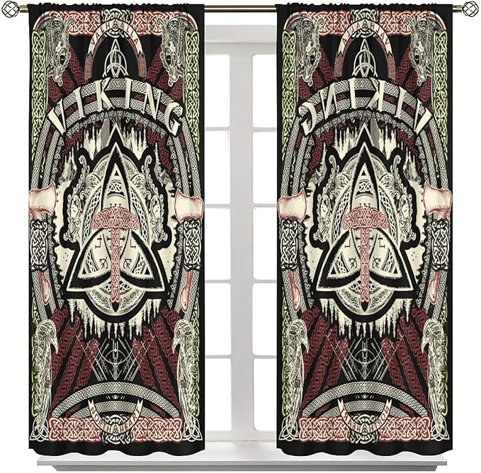 Viking Curtains Nordic Mythology Rune Weapon Antique Viking Pirate Crow Art Pattern Printed Curtains Bedroom Living Room Decoration Blackout Curtains W84 * L84 Inch