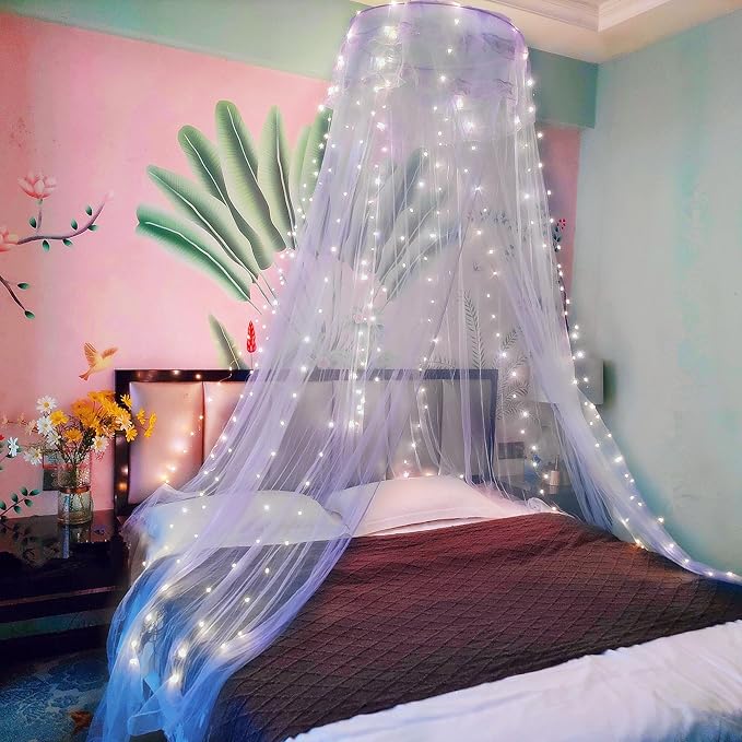 Eimilaly Lace Bed Canopy Mosquito Netting, Princess Bed Canopy for Girls Room Decor, Blue/Single Door