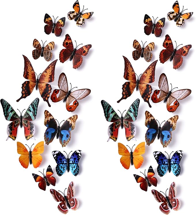 24pcs 3D Vivid Special Man-Made Lively Butterfly Art DIY Decor Wall Stickers Decals Nursery Decoration, Bathroom Décor, Office Décor, 3D Wall Art, 3D Crafts for Wall Art Kids Room Bedroom