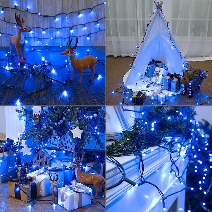 Brizled Blue Christmas Lights, 33ft 100 LED 5MM Wide Angle Christmas Tree Lights, 120V UL Certified Mini String Light Connectable Outdoor Waterproof Blue Light for Xmas Room Party Decor, Green Wire