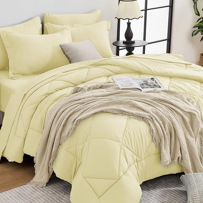 HEVUMYI Cream Yellow Cali-King Comforter Set - 7-Piece All Season Bed in a Bag Cali-King, Ultra Soft Bedding Set with Comforter, Flat Sheet, Fitted Sheet, Pillowcases, Pillow Shams