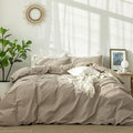 MooMee Bedding Duvet Cover Set 100% Washed Cotton Linen Like Textured Breathable Durable Soft Comfy (Solid Light Camel, Queen 90"x90")
