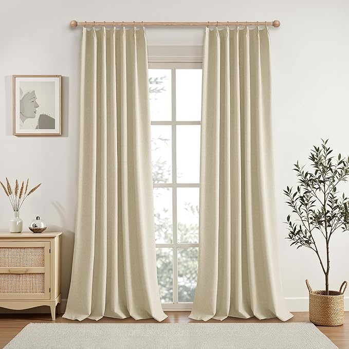 100% Blackout Pinch Pleated Linen Curtains 108 Inches Long, Extra Long Pinch Pleated Drapes with Hooks, Soft Thick Linen Curtain Panels for Sliding Door Modern Farmhouse,60x108, Natural Beige,2 PCs