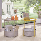VECELO Round Side/End Table with Fabric Storage Basket，Metal Anti-Rust and Waterproof Small Bedside Nightstand with Removable Tray Top for Living Room，Balcony & Laundry，Grey /1pcs with Basket