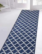 Custom Size Cut to Length Moroccan Trellis Design Runner Rug Mat For Wide Long Hallways with Non-Slip Rubber Backing, Better Traction for Pets, Prevent Slippage, Trellis Navy Blue, 31 inch X 7 feet