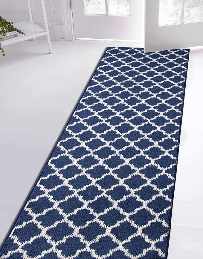Custom Size Cut to Length Moroccan Trellis Design Runner Rug Mat For Wide Long Hallways with Non-Slip Rubber Backing, Better Traction for Pets, Prevent Slippage, Trellis Navy Blue, 31 inch X 9 feet