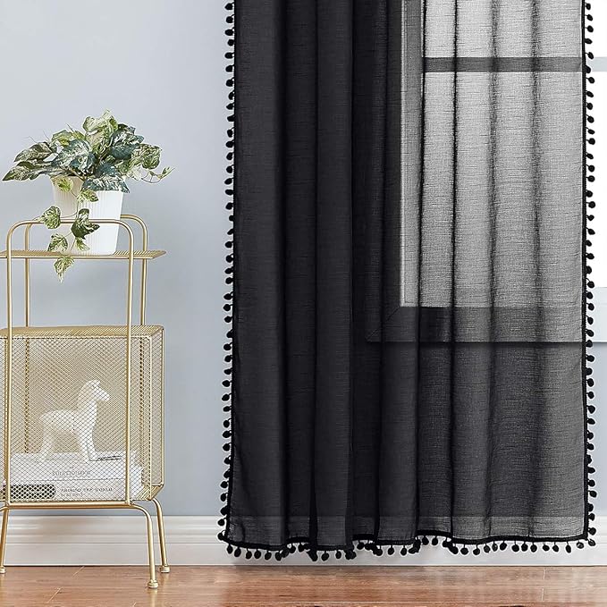Treatmentex Black Sheer Curtains for Living Room 95" Linen Texture Chic Curtain Panels Pom Pom Trimmed Voile Drapes for Bedroom Office Children's Room 2pcs