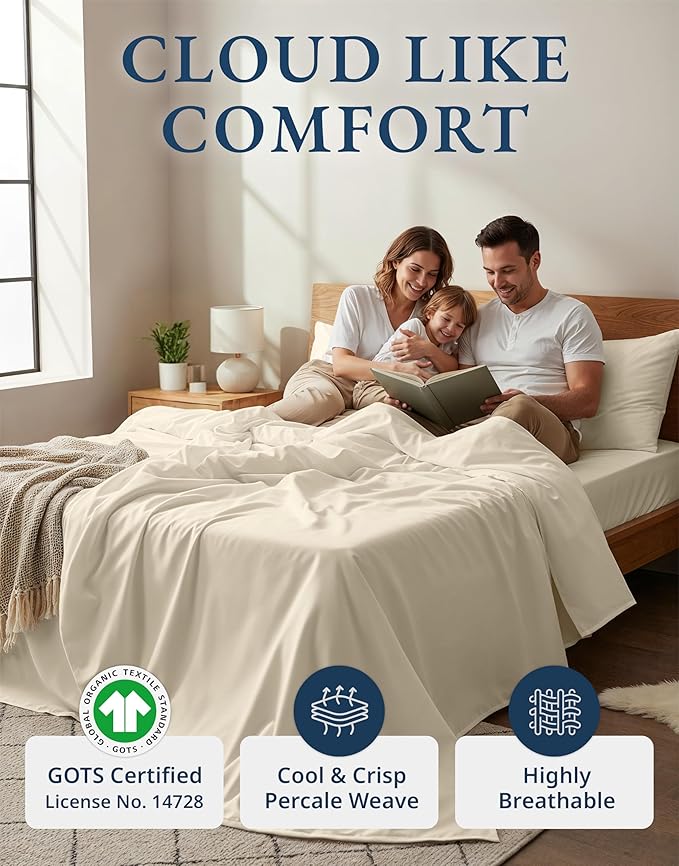 LANE LINEN 100% Organic Cotton Sheets King Size - 4 Pc Bed Sheets King Size, Soft & Breathable Cotton Sheets Set, Percale Sheet & Pillowcase Sets, deep Pocket Sheets Set - Natural
