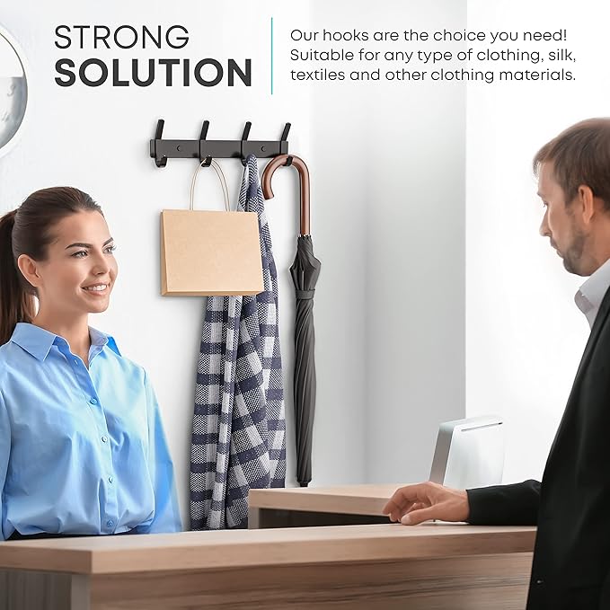 Matte Black Coat Rack Wall Mount – 12 Inch Stainless Steel Hook Rail with 4 Double Coat Hooks – Wall Mounted Entryway Organizer for Coats, Hats, Bags, Towels, Robes, Closet or Bathroom - 2 Pack
