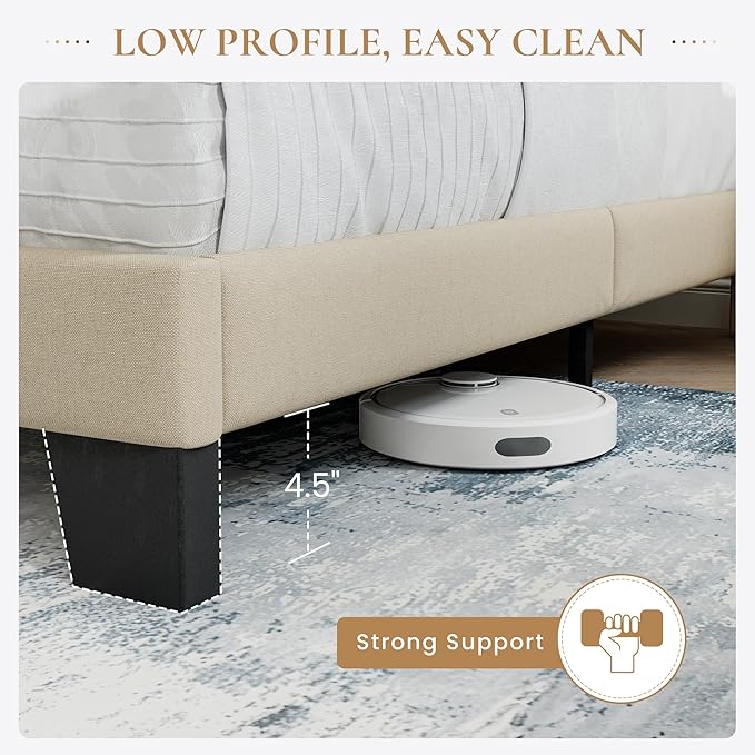 SHA CERLIN Full Platform Bed Frame with Upholstered Fabric Headboard, Mattress Foundation with Strong Wooden Slats Support, No Box Spring Needed, Beige