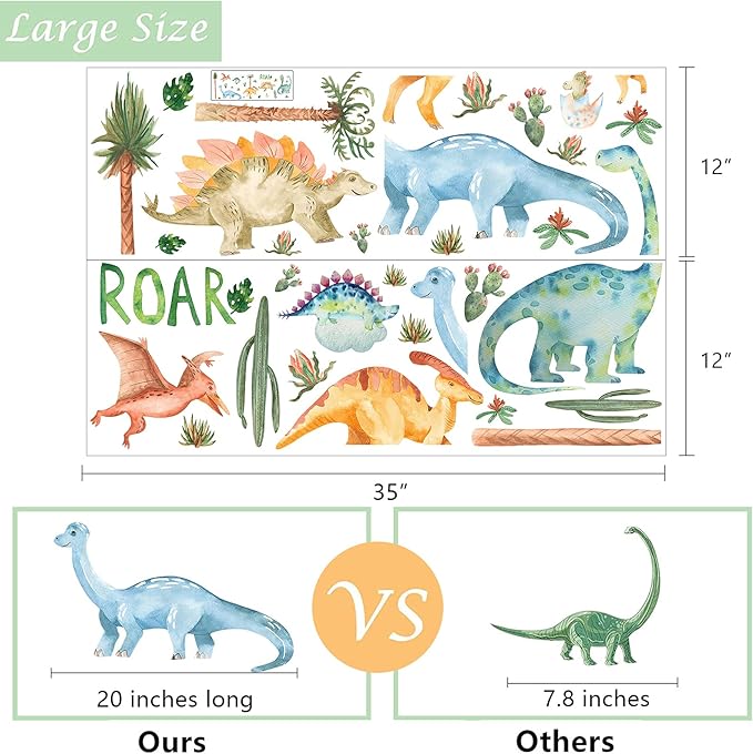 Yovkky Watercolor Dinosaur Nursery Wall Decals, Large Peel and Stick Dino Tropical Plant Stickers Cactus Palm Leaf Decor, Home Kitchen Decorations Boy Girl Kid Baby Toddler Bedroom Playroom Art Gift
