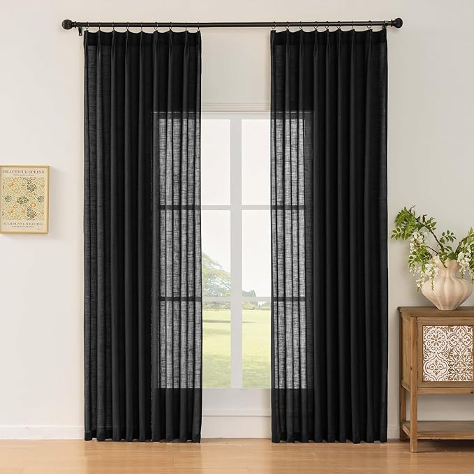 Black Linen Sheer Pinch Pleated Sliding Door Curtains, 2x50 Inches Width, Dark Moody Neutral Light Filtering Drapes 96 Inches Long, Textured Modern Farmhouse Window Curtain Panels