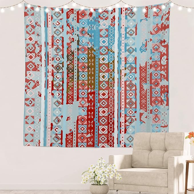 Batmerry Blue Grey Boho Garbage Tapestry, Red Wall Art Hanging Decoration Polyester Fiber White Ruffled Around for Dorm Room Bedroom Living Room, 59.1x59.1 inches