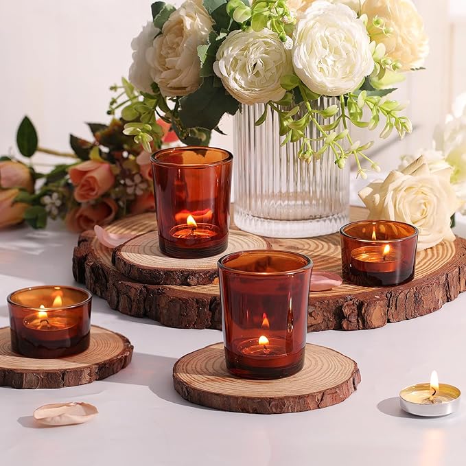 12pcs Assorted Amber Votive Candle Holders, Glass Candle Holder for for Fall Decor, Amber Tealight Candle Holder for Table Centerpiece, Wedding and Party Decor