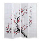 Roundhill Furniture White Japanese 4-Panel Screen Room Divider, Plum Blossom