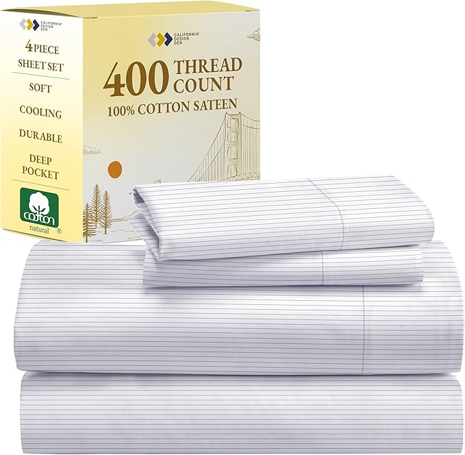 California Design Den Queen Sheet Set - 400 Thread Count Sateen, Natural 100% Cotton Sheet Set Queen Size, Deep Pocket Cooling and Durable Bedding - Pinstriped