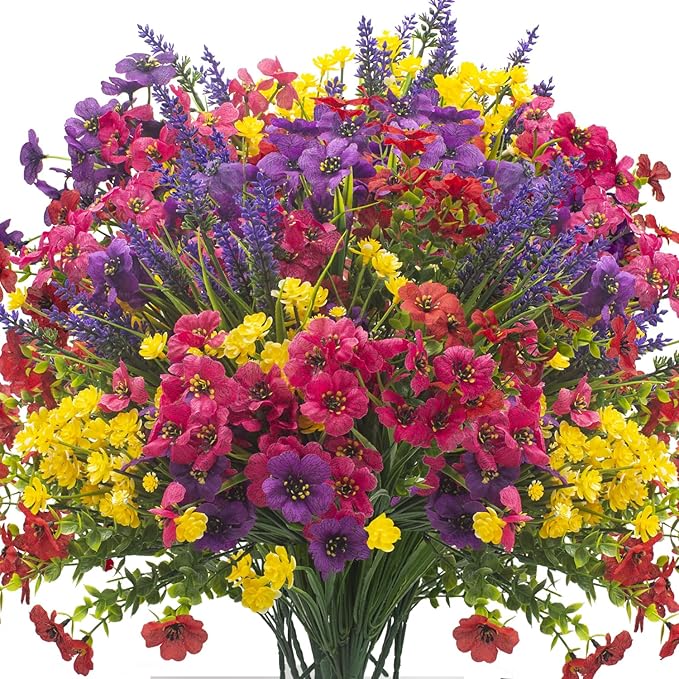 20Pcs UV Resistant Artificial Flowers Outdoor, Realistic Faux Greenery Shrubs with Rust-Proof Stems - Waterproof Fade-Proof Hanging Plants for Garden, Porch, Patio, Cemetery Decor (All-Season Durable)