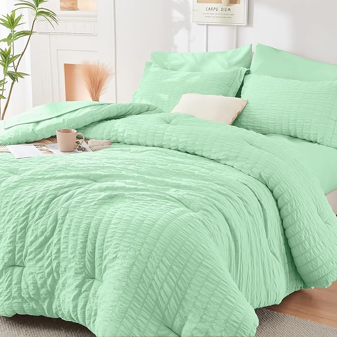 HYMOKEGE Mint Green Full Size Comforter Sets Seersucker 7 Pieces, All Season Luxury Bed in a Bag for Bedroom, Bedding Set with Comforter, Sheets, Pillowcases & Shams