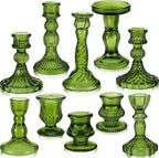 Mumufy 10 Pcs Glass Crystal Taper Candle Holders Clear Glass Candlestick Holder Fit 0.8 Inch Candles Crystal Decorative Candle Stand Centerpiece Table Wedding Dining Party (Classic,Green)