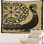 Batmerry Vikings Ancient Scandinavian Tapestry,Warship Boat Old Ancient Sea Wall Art Hanging Decoration Polyester Fiber White Ruffled Around for Dorm Room Bedroom Living Room, 51.2x59.1 inches