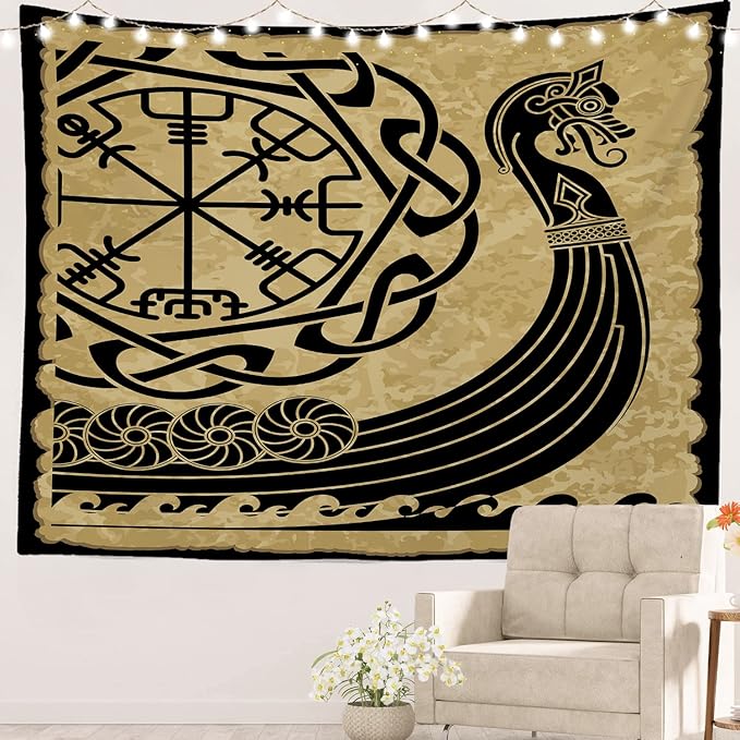 Batmerry Vikings Ancient Scandinavian Tapestry,Warship Boat Old Ancient Sea Wall Art Hanging Decoration Polyester Fiber White Ruffled Around for Dorm Room Bedroom Living Room, 51.2x59.1 inches