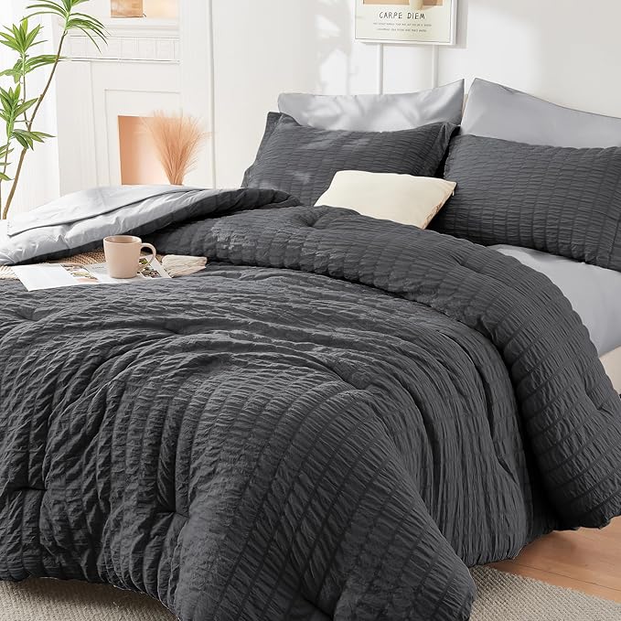 HYMOKEGE Dark Grey/Light Grey Twin Comforter Set Seersucker 5 Pieces, All Season Luxury Bed in a Bag for Bedroom, Bedding Set with Comforter, Sheets, Pillowcase & Sham
