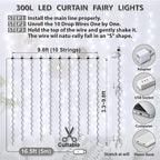 HXWEIYE 300LED Fairy Curtain Lights, 9.8x9.8Ft USB Plug-in 8 Modes Christmas String Hanging Lights with Remote for Bedroom Backdrop Wedding Party Indoor Wall Decor, White, Standard