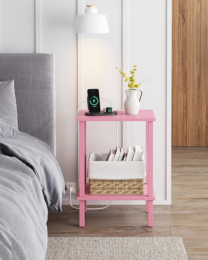 TUTOTAK End Table with Charging Station, Small Side Table with Outlets, Nightstand Bedside Table, 2-Tier Storage Shelf for Small Space, Living Room, Bedroom, Pink TB01BP040