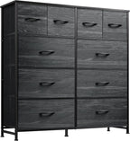 WLIVE Dresser for Bedroom with 10 Fabric Drawers, Tall Chest Organizer Units for Clothing, Closet, Storage Tower with Cabinet, Metal Frame, Wooden Top, Charcoal Black Wood Grain Print