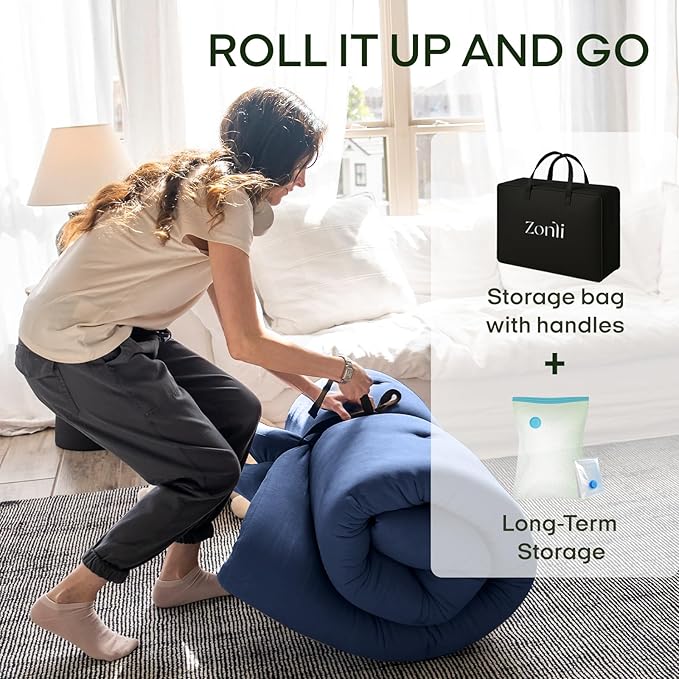 ZonLi Japanese Floor Futon Mattress Full Size 75"x 54", 100% Cotton Cover 2.5'' Thicken Tatami Mattress, Foldable Sleeping Pad, Portable Dormitory Tatami Mat, Roll Up Floor Lounger Bed for Adult
