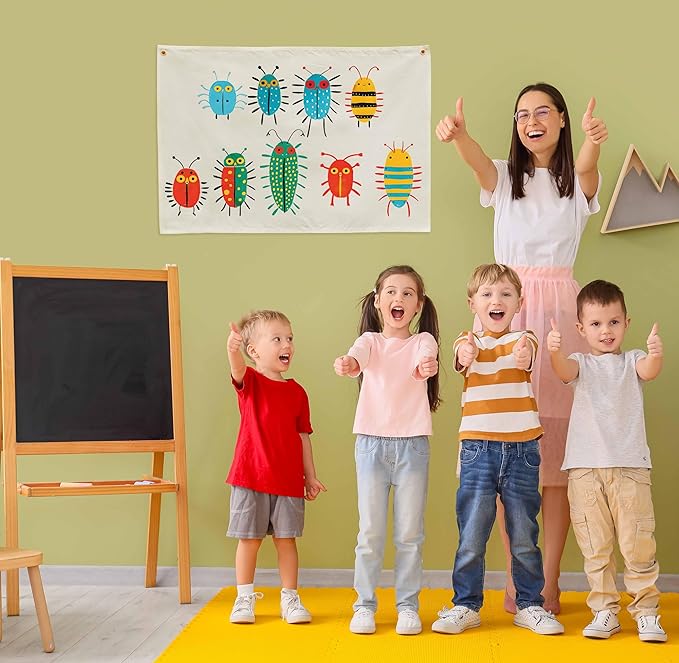 Insects Theme Education Rectangular Canvas Banner-Boho Flag Wall Decor for Boy Girl Kids,Nursery Above Crib Bedroom Reading Room Playroom Teacher Office Decor-Baby Shower Birthday Christmas Gift
