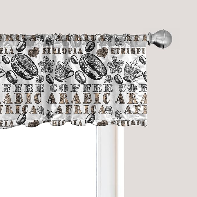 Ambesonne Modern Window Valance, Coffee Beans with Ornamental Words Ethiopians Pattern, Curtain Valance for Kitchen Bedroom Decor with Rod Pocket, 54" X 18", Sand Brown Black