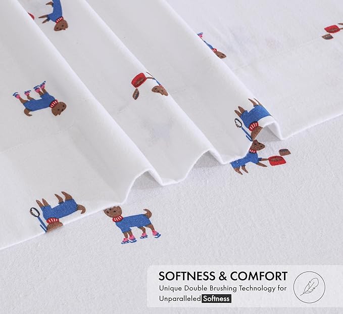 RUVANTI Flannel Sheets Twin XL Size - 100% Cotton Double Brushed Twin XL Sheet Sets, Deep Pockets 16 Inches, All Seasons Breathable & Extra Soft Bed Sheets, Warm & Cozy, 3 Piece, Puppy Playoff