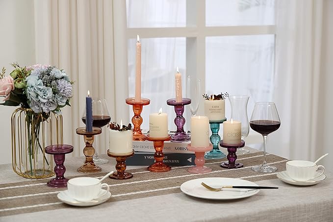 GMWD 3 Pcs Glass Candle Holder Set Clear, Amber Candlesticks Holders Pillar Taper Candles Tealight Stand for Wedding Centerpieces Home Decorations Dining Table