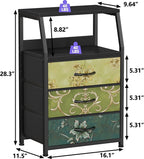 Furnulem Retro Night Stand with 3 Drawers and 2-Tier Shelf, Small Nightstand Side Table, Vintage Storage Dresser for Bedroom, Fabric Drawer Organizer for Closet, Beside Furniture