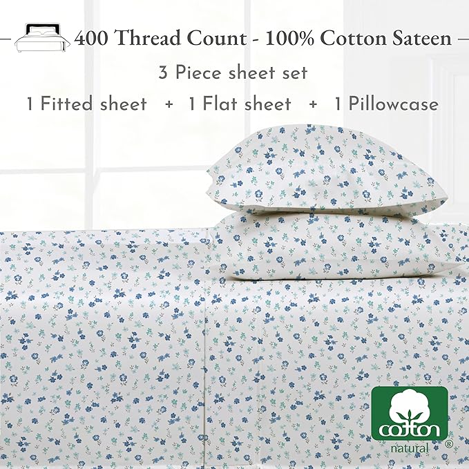California Design Den Deep Pocket Twin Sheets Set - 400 Thread Count Sateen, Natural 100% Cotton Sheets, Cooling and Durable Bedding Set - Blooming Meadows