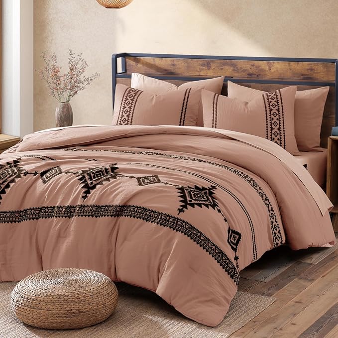 MaiRêve Embroidery Queen Size Comforter Set Dusty Pink, Boho Farmhouse Western Bedding Set 7 Pieces, All Season Bed in A Bag Comforter Set with Sheets, Pillowcases & Shams