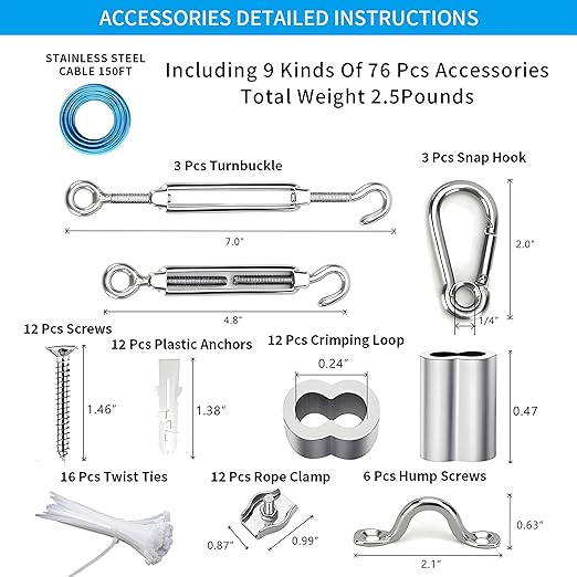 Globe String Light Suspension Kit, Outdoor Light Guide Wire, Vinyl Coated Stainless Steel Steel Cable，Include 150ft Transparent PVC and 304 Stainless Steel Wire Cable, Turnbuckle and Hooks