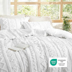 Bedsure Tufted Boho Comforter Set Oversized King - Bright White Boho Bed Set, GentleSoft™ 3 Pieces Farmhouse Shabby Chic Embroidery Bedding, Gifts for Woman, Soft Jacquard Comforter for All Seasons