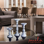Mela Artisans Wooden Pillar Candle Holders | Tuli Design | Set of 3 Mango Wood Candlesticks | Matte White | Sizes 6" & 9" & 12" | Table Decor | Centerpiece | Mantel | Wedding | Living Room Decor