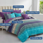 Cottolester Boho Comforter Set Full Size 8 Piece Bed in a Bag Bohemian Striped Bedding Quilt Set Aqua Paisley Floral Comforter and Sheet Set,Soft Microfiber Complete Bedding Sets for All Season