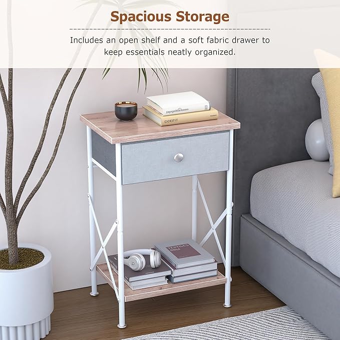 VECELO Nightstand with Drawer, Set of 2, Small Bedside Table with Storage and Adjustable Metal Legs, Wood End Table for Bedroom or Living Room, Perfect for Small Spaces and Modern Décor, Light Brown